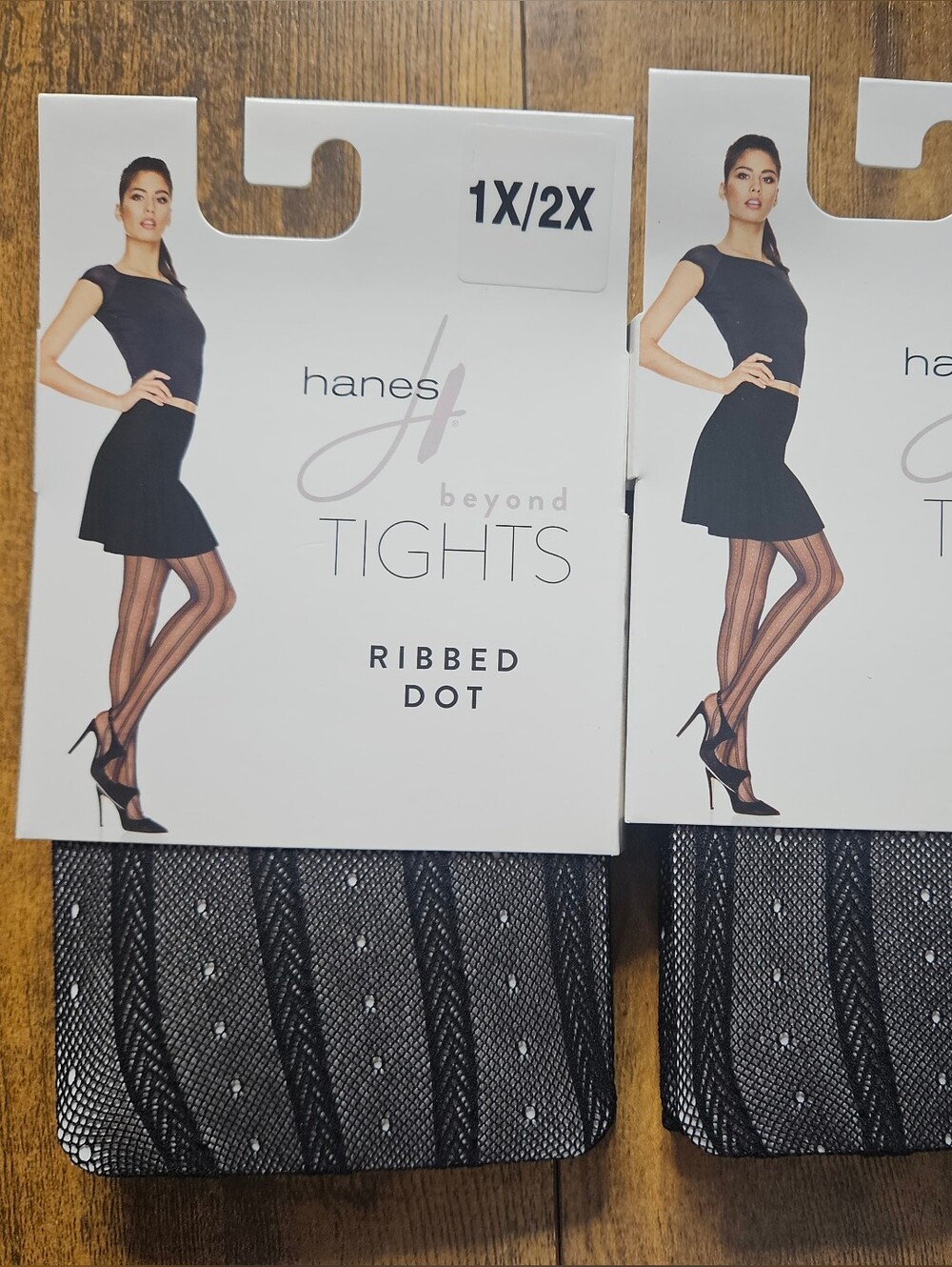 2 Packs Of Hanes Beyond Ribbed Dot Nylon Tights 1X/2X Black Sheer Polka Dot NWT